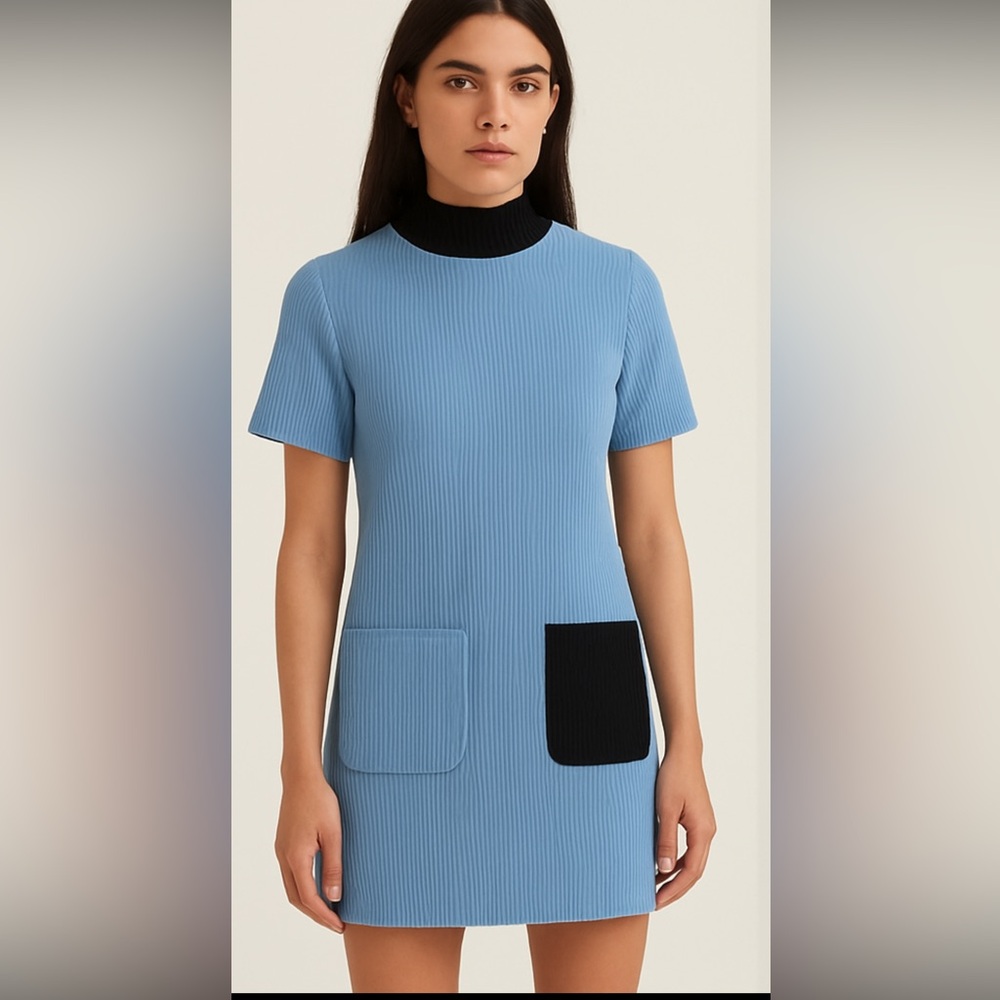 STAUD Light Blue Ribbed Corduroy Mini Dress w/ Black Mock Neck & Pockets size s